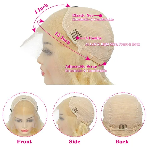 Miniatura 4 de Peluca de cabello humano con encaje frontal de onda corporal, rubio 613, brasileña 13x4, peluca frontal de encaje rubio de 200 densidad, nudos Rubio