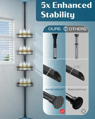 Miniatura 5 de SEIRIONE Estante de Ducha Esquinero con Barra de Tensión, Organizador de Ducha de Baño a Prueba de Óxido, Estante de Baño Ajustable de 4 Niveles