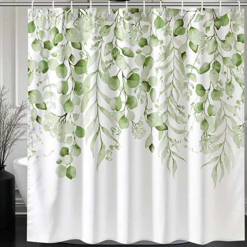 Miniatura 9 de KAIRA Cortina de ducha de eucalipto negro con diseño clásico y moderno, hojas de plantas de acuarela con diseño floral, decoración de baño, 72 x 72