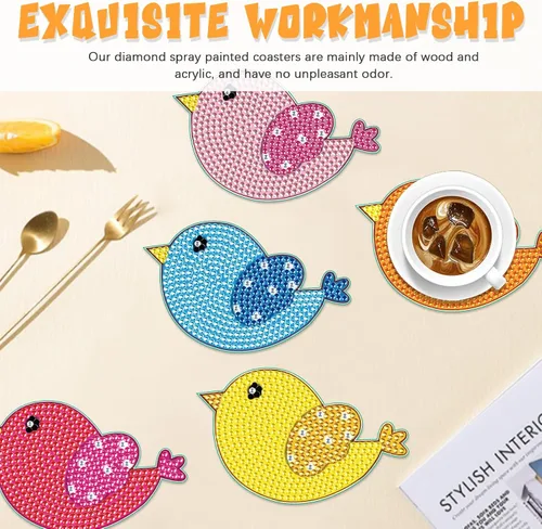 Miniatura 4 de Tontut 8 posavasos de madera de pintura de diamante con soporte, posavasos de pájaro pequeño, kits de arte de diamantes para principiantes, adultos