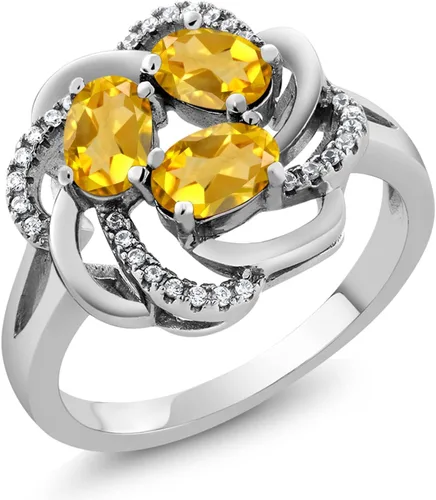 Miniatura 95 de Gem Stone King Flower Blossom Gemstone Birthstone Ring in 925 Sterling Silver 3-Stone Oval 6X4MM with Sparkling Accents Wedding Anniversary