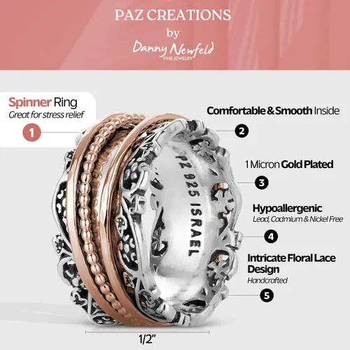 Miniatura 3 de Paz Creations - Anillo giratorio de plata de ley 925 hecho a mano, hipoalergénico, sin níquel ni plomo, fabricado en Israel, plata, oro amarillo