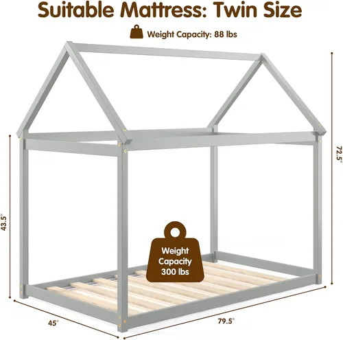 Miniatura 2 de Costzon Base de cama individual de madera, plataforma estable para niños, con techo y listones de alta resistencia, no necesita somier, bricolaje