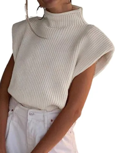 Himosyber - Suéter de punto, unicolor y sin mangas para mujeres, chaleco elegante y elástico con cuello alto, manga casquillo