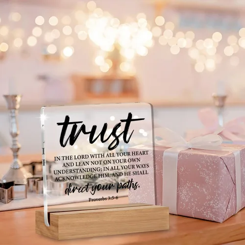 Miniatura 4 de Regalos de versículo bíblico cristiano para mujeres y hombres, letrero acrílico con frase de Proverbios Trust in The Lord Scripture con soporte