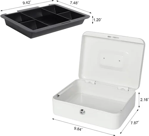 Miniatura 4 de Caja de dinero con bandeja de dinero y cerradura, caja de dinero de metal para efectivo, caja de seguridad 9.84 x 7.87 x 3.54 pulgadas, color blanco