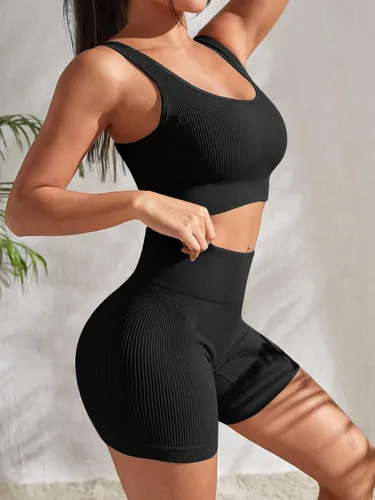 Miniatura 2 de YWBIN Conjunto de entrenamiento de 4 piezas para mujer, sin costuras, acanalado, cintura alta, pantalones cortos de yoga con brasier deportivo