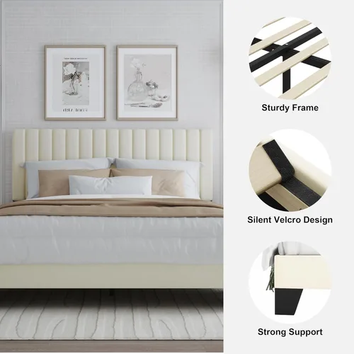Miniatura 5 de Marco de Cama Tamaño Twin con Cabecera Capitonada Ajustable – Cama de Plataforma Tapizada en Terciopelo, Marco Resistente y Listones, No Necesita