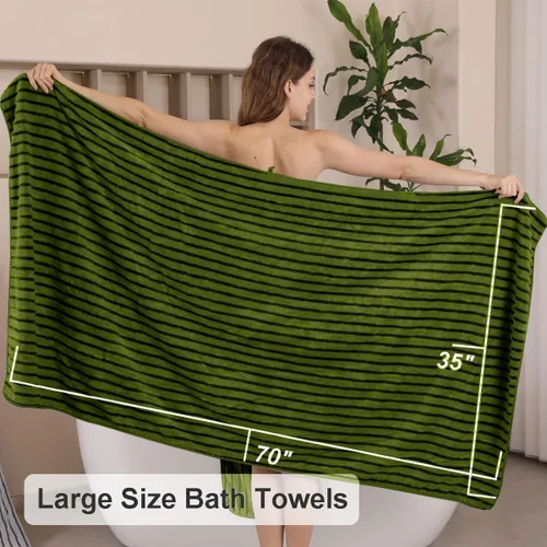 Miniatura 4 de Juego de 8 toallas de baño grandes a rayas estilo cabana color verde militar - Sábana de baño extragrande - 2 toallas de baño, 2 toallas de mano, 4