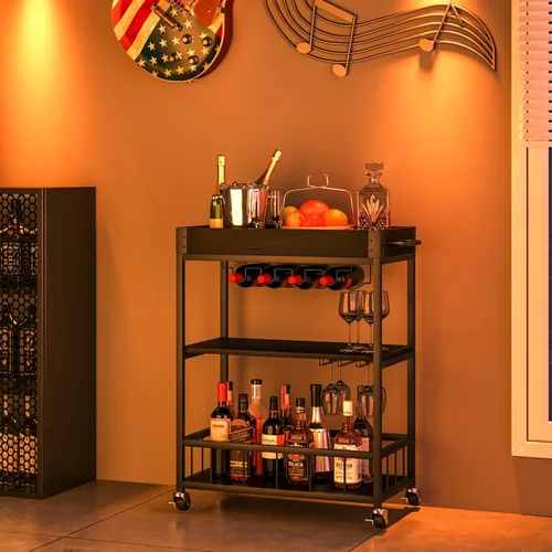 Miniatura 6 de Carro de servicio para bar con soporte para vino de 3 niveles, carrito móvil para el hogar, con ruedas, carrito de cocina industrial