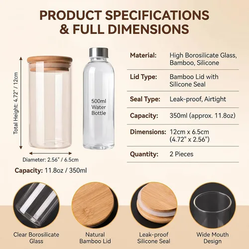 Miniatura 2 de Paquete de 2 tarros de vidrio transparente de 11.8 fl oz de 12 onzas con tapas herméticas de bambú, recipientes de vidrio herméticos dispensadores