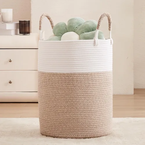 Miniatura 17 de 15Dx20H pulgadas Cesta de lavandería grande rosa para niños, cesta de lavandería de cuerda tejida para guardería, para habitación de niñas, Rosa1