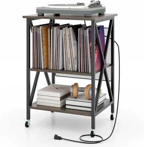 Miniatura 11 de Giantex Soporte para tocadiscos con estación de carga, soporte para tocadiscos con almacenamiento de discos y 4 ruedas rodantes, mesa