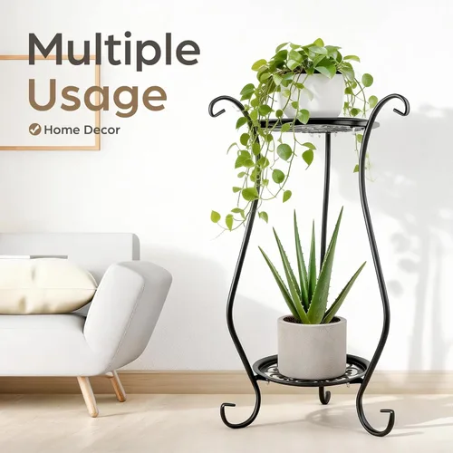 Miniatura 2 de Soporte para plantas de metal resistente de 2 niveles Soporte redondo para plantas en maceta para interiores y exteriores, estante de exhibición