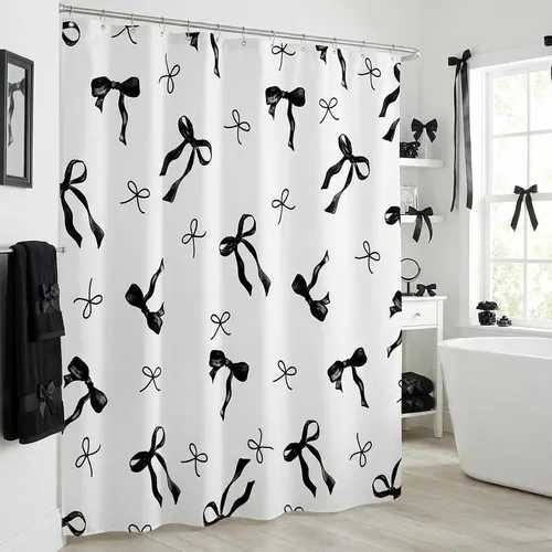 Cortina de ducha con lazo negro, bonito lazo coqueto, cortinas de ducha en blanco y negro para niñas, cortina de baño de tela de poliéster