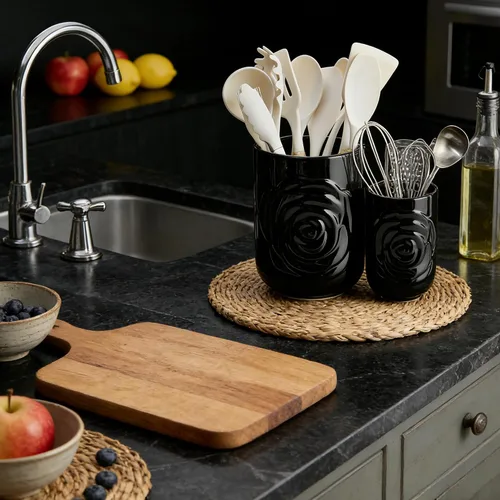 Miniatura 8 de Juego de 2 Portautensilios Grandes, 7.5" + 5.5" - Recipiente de Cerámica con Diseño de Rosas para Utensilios de Cocina de Encimera para Espátulas