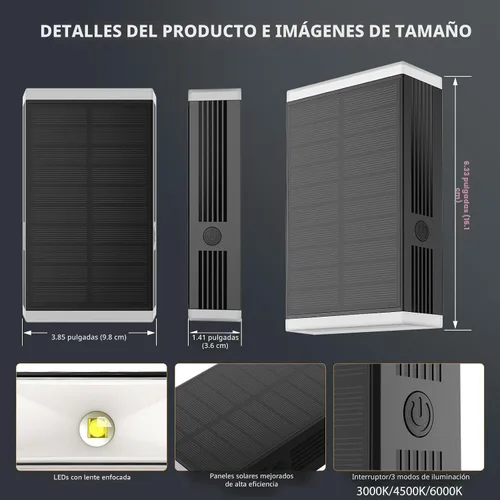 Miniatura 2 de Lámpara solar de pared para exteriores, 3000/4000/6000K, 3 modos de iluminación del anochecer al amanecer, aplique de pared IP67, impermeable