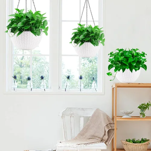 Miniatura 7 de Foraineam Paquete de 2 macetas dobles con diseño de macetas colgantes de riego automático para plantas y flores para interiores y exteriores