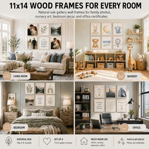 Miniatura 4 de Barydat Paquete de 6 portarretratos de madera de 11 x 14 pulgadas, madera maciza de roble natural, decoración de pared de galería y mesa