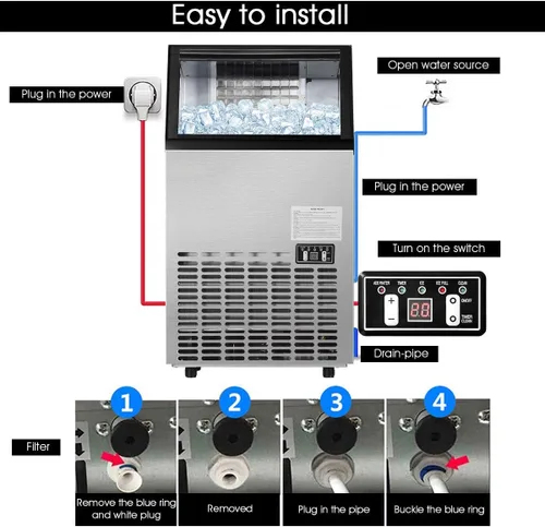Miniatura 5 de Costzon Máquina comercial para hacer hielo, máquina de hielo de acero inoxidable integrada de 110 libras/24 horas con capacidad de almacenamiento