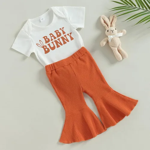 Miniatura 6 de Lamuusaa Traje de Pascua para bebé recién nacido, manga corta, mameluco de conejito para bebé, pantalones acampanados, parte inferior acampanada