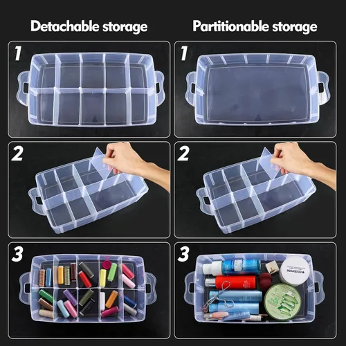 Miniatura 2 de Caja de almacenamiento apilable de plástico con 30 compartimentos ajustables, 3 niveles, organizadores de manualidades apilables transparentes