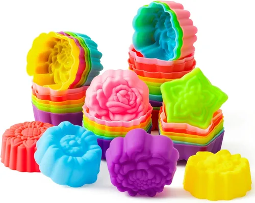 Miniatura 8 de R HORSE Paquete de 42 moldes de silicona para cupcakes con forma de múltiples flores, moldes antiadherentes para hornear muffins, moldes lavables