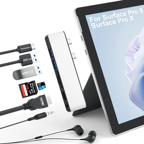 Estación de acoplamiento para superficie con HDMI 4K, USB-C Thunderbolt 4 (pantalla+datos+100 W PD), 2 USB 3.0, audio de 0.138 in, lector de