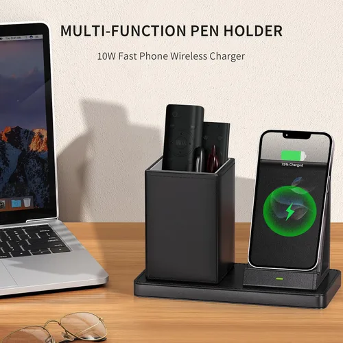 Miniatura 2 de Organizador Multifuncional para Bolígrafos de Escritorio, Negro, de Cuero Vegano, con Soporte para Control Remoto, Portalápices para Escritorio
