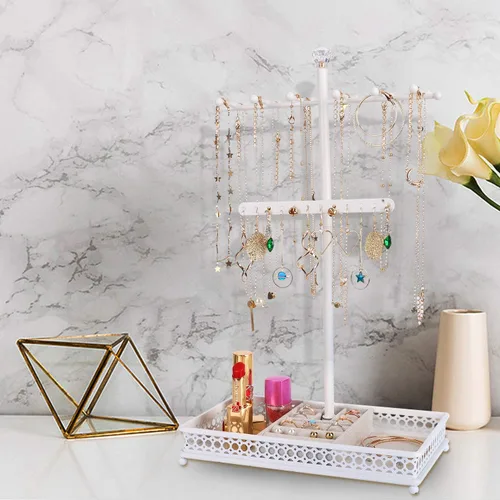 Miniatura 5 de Meangood Organizador de soporte para árbol de joyería 3 en 1, organizador de collares, pulseras, aretes y bandeja de anillos, soporte de joyería