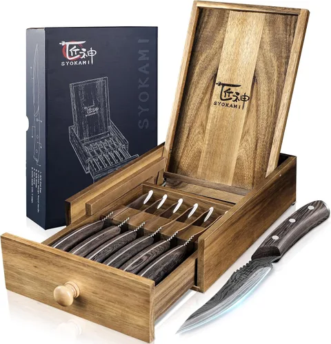 Miniatura 13 de SYOKAMI Juego de 2 cuchillos para carne, 4.8 pulgadas, estilo japonés de alta gama, filo fino con mango de madera, diseño de espiga completa