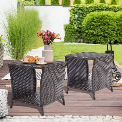 Miniatura 8 de Outdoor Patio Side Table Small Black Wicker Rattan End Table for Outside Storage Coffee Table with Poly Lumber Table Top for Garden Lawn Pool Porch