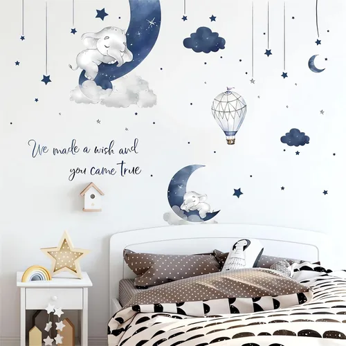Miniatura 5 de Adhesivo de pared con elefante bebé durmiendo en azul grisáceo, sacinora - Adhesivo de pared con luna, estrella, nube y frase en inglés cálido