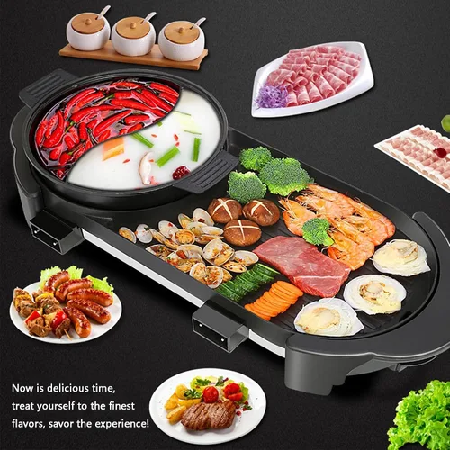 Miniatura 4 de Olla Caliente con Parrilla, Olla Caliente Eléctrica 2 en 1 Shabu Shabu Olla Caliente Barbacoa Coreana, Olla Caliente Desmontable 1200W / Bandeja