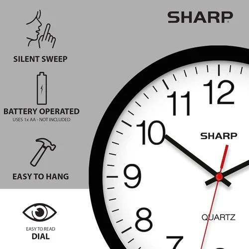 Miniatura 5 de Sharp Reloj de pared – Negro, silencioso, sin tictac, cuarzo de calidad de 14 pulgadas, funciona con pilas, redondo, fácil de leer, hogar, cocina