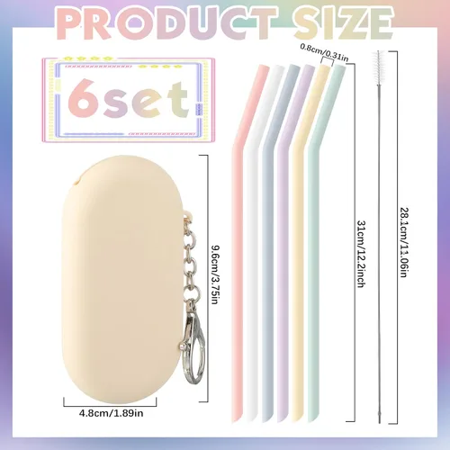 Miniatura 2 de Meanplan Juego de 6 popotes de silicona reutilizables plegables y portátiles para viajes de fiesta, frío o caliente, con funda de transporte