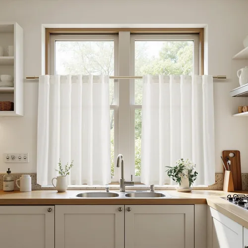 Miniatura 8 de Nanspring - Cortinas cortas de lino semitraslúcidas, con pestañas traseras y jareta, filtrado de luz; para cocina, ventana pequeña, sótano, Café