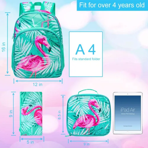 Miniatura 5 de gxtvo Mochila de 3 piezas, 16 pulgadas con lentejuelas y lonchera