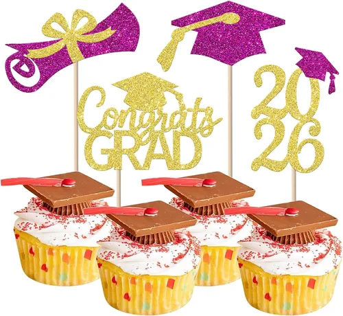 Miniatura 49 de Rsstarxi Paquete de 24 adornos para cupcakes de graduación 2026, con purpurina azul, para la clase de 2026, para diplomas, 24 piezas (6 diseños)
