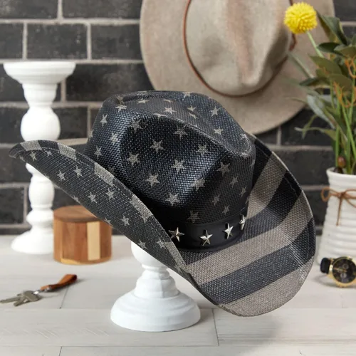 Miniatura 8 de Sombrero de vaquero de paja de Estados Unidos para hombres y mujeres, aspecto vintage, sombrero de vaquera para fiesta de disfraces (tamaño adulto)