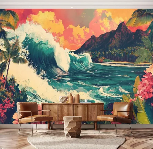 Miniatura 18 de Hawaii - Mural de pared retro exótico exótico tropical con olas de playa, paisaje, vintage, despegar y pegar, autoadhesivo, extraíble, adhesivo