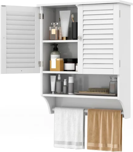 Miniatura 11 de Tangkula Armario de baño montado en la pared con estante abierto y barra, botiquín con puertas de doble rejilla, estante ajustable, armario