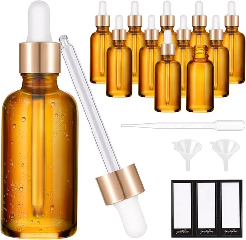 Miniatura 22 de PrettyCare Paquete de 4 botellas con cuentagotas de aceites esenciales, botellas vacías de tintura para cuidado personal y belleza, Ámbar