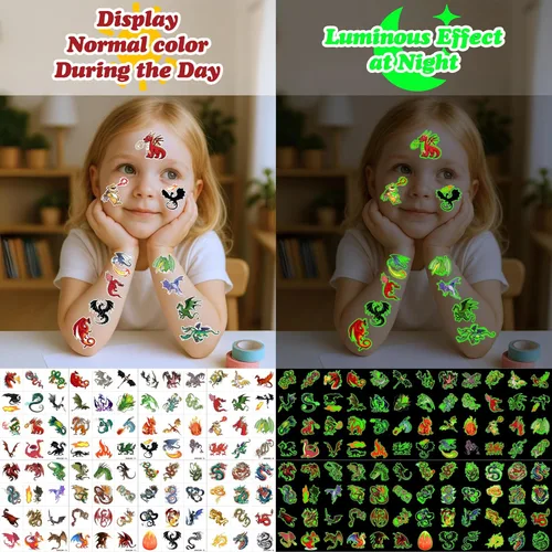 Miniatura 6 de 96 tatuajes temporales precortados de dragón, suministros de fiesta de cumpleaños, decoraciones de caballero dragón, súper lindo falso para niños