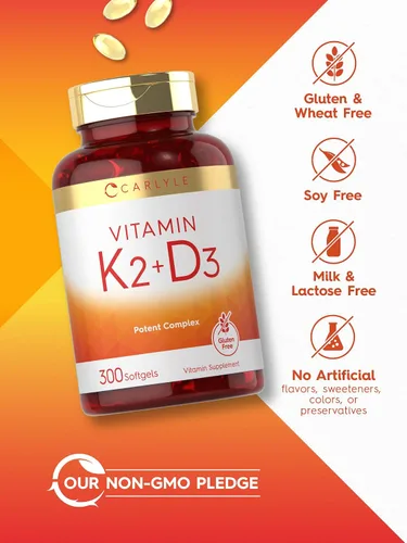 Miniatura 10 de Suplemento de vitamina K2 D3 de Carlyle 300 cápsulas blandas 200 mcg K2 MK7 y 10,000 UI D3 Sin GMO, sin gluten