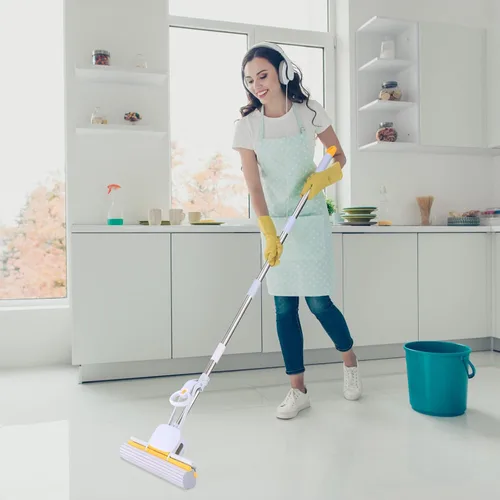 Miniatura 6 de PVA - Trapeadores de esponja para limpieza de suelos con mango largo de 60 pulgadas, mopa autoescurrible con cabezal de 15 pulgadas para azulejos