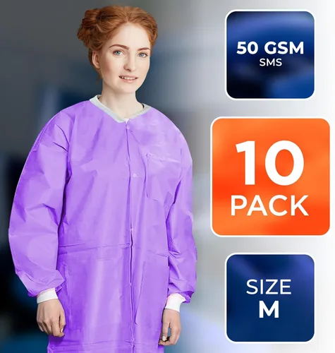 Miniatura 2 de EZGOODZ Abrigos de laboratorio desechables para adultos, morado, mediano, 43 pulgadas de largo, 50 GSM SMS, longitud a la rodilla con cierre a