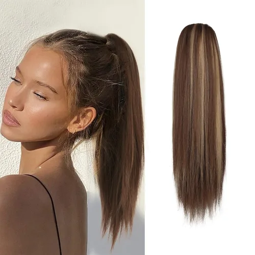 Miniatura 11 de BARSDAR Extensión de cola de caballo corta y recta - Extensiones de pelo con cordón de 16 pulgadas, rubio para mujeres - Extensiones de pelo Rubio