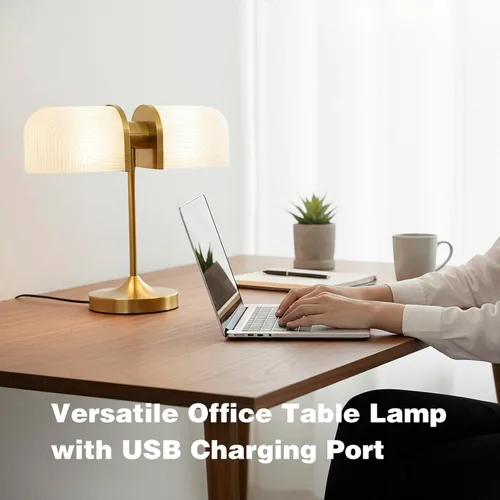 Miniatura 6 de Lámpara de escritorio vintage de vidrio de leche para banqueros, lámpara de noche regulable con control táctil con puertos de carga USB A+C