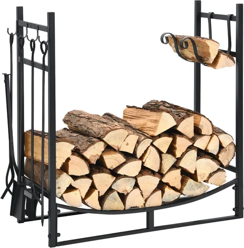 S AFSTAR Estante para leña de 30 pulgadas, soporte para leña con 4 ganchos de almacenamiento, 2 soportes para leña, 4 herramientas de chimenea,
